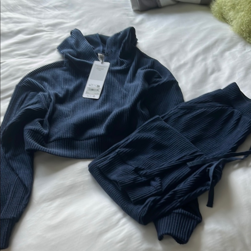 Navy Blue Ribbed Two-Piece Set